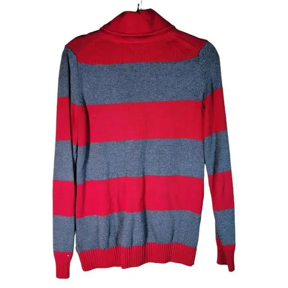 Tommy Hilfiger Red Gray Ruby Stripe Button Cardigan Front Pockets Women Size M - Picture 2 of 9